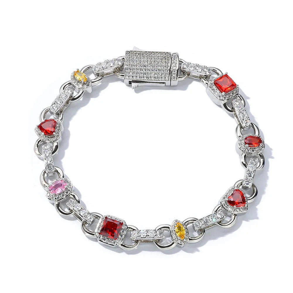 S&S NUOYA Hip Hop Jewelry 18K Gold Plated Gemstone Chain Bracelet Womens Heart Shape Red Zircon Geometric Design Link Chain for Gift
