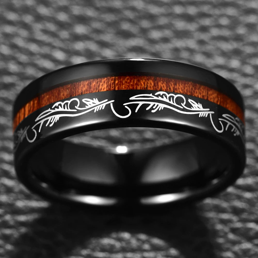 REBEL 1pcs 8mm Inlaid Wood Black Plated Men's Tungsten Steel Ring Jewelry