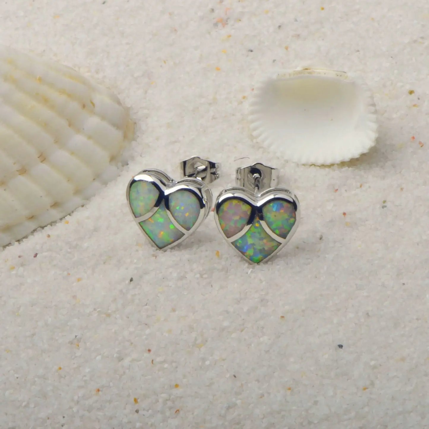 Patchwork Heart Opal Stud Earrings - Iridescent Opal Segment Design | Dainty Romantic Daily Jewelry Bulk Gifts