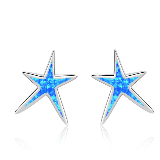Starfish Stud Earrings - Blue Opal Inlaid Silver Plated Ocean Jewelry for Women Wholesale