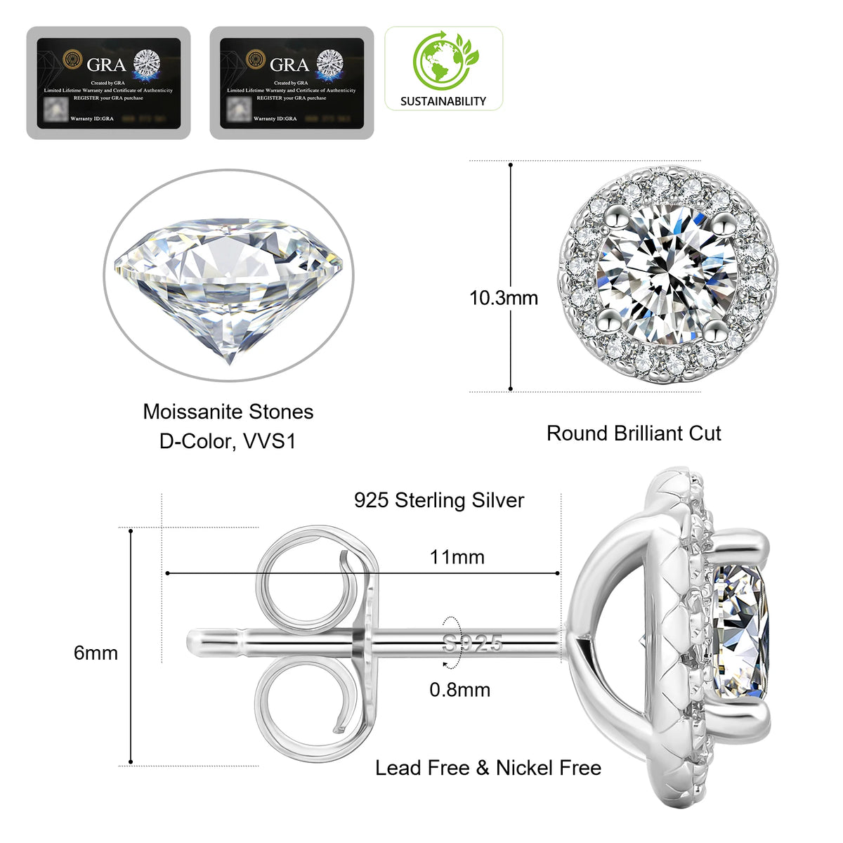 REDheart Local US Stock Moissanite Jewelry Set GRA Certified Pass Diamond Tester Women Gift VVS1 925 Silver Stud Earring Pendant Necklace