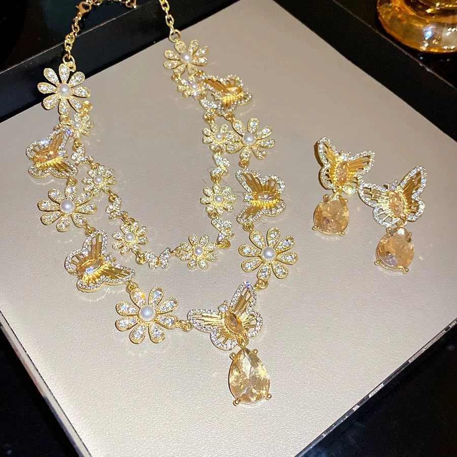 Luxury Princess-Cut Zirconia Pearl & Crystal Butterfly Floral Necklace & Earrings Bridal Set — Platinum Plated Gold