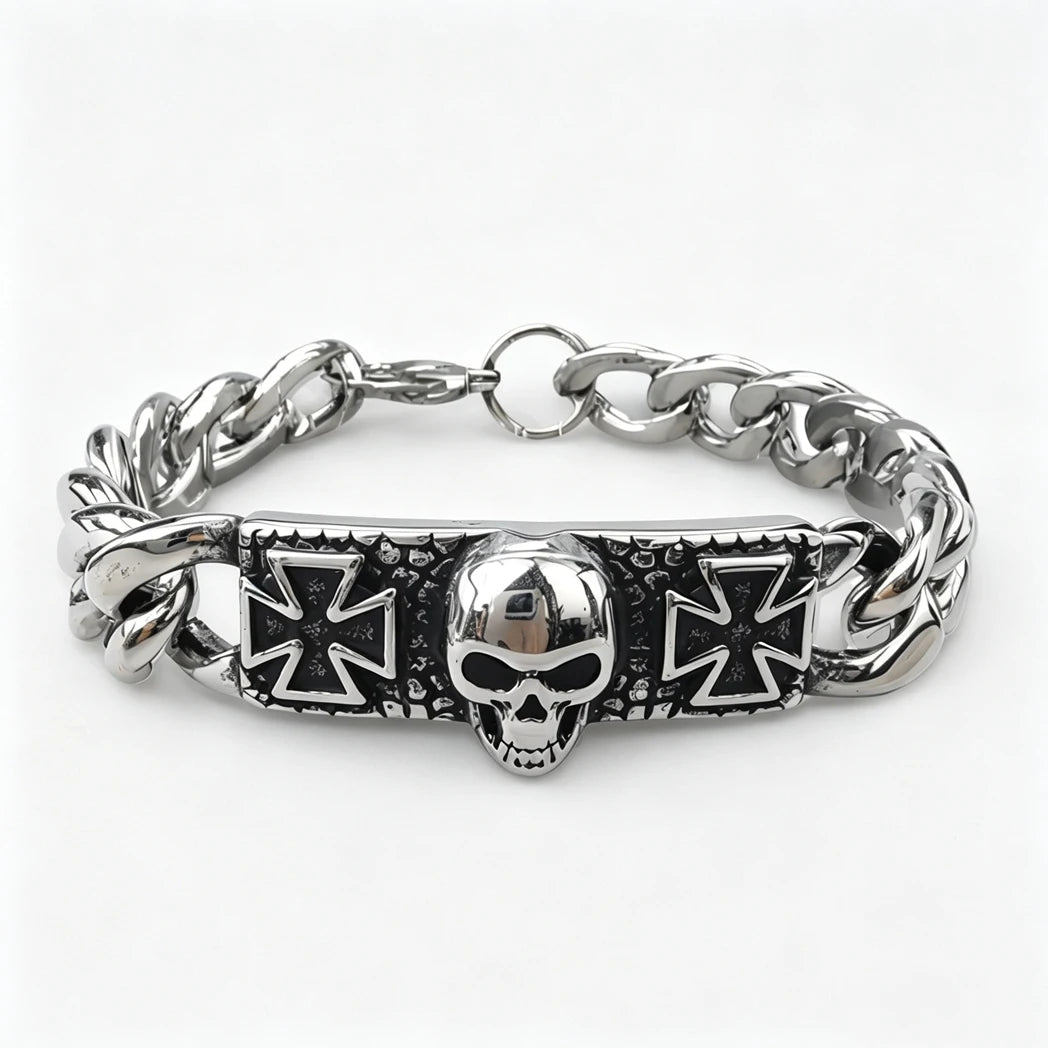 Vintage Men's Stainless Steel Bracelet Gothic Skull Celtic Knot Cross Cuban Chain Woven Braid Street Style Jewelry Gift
