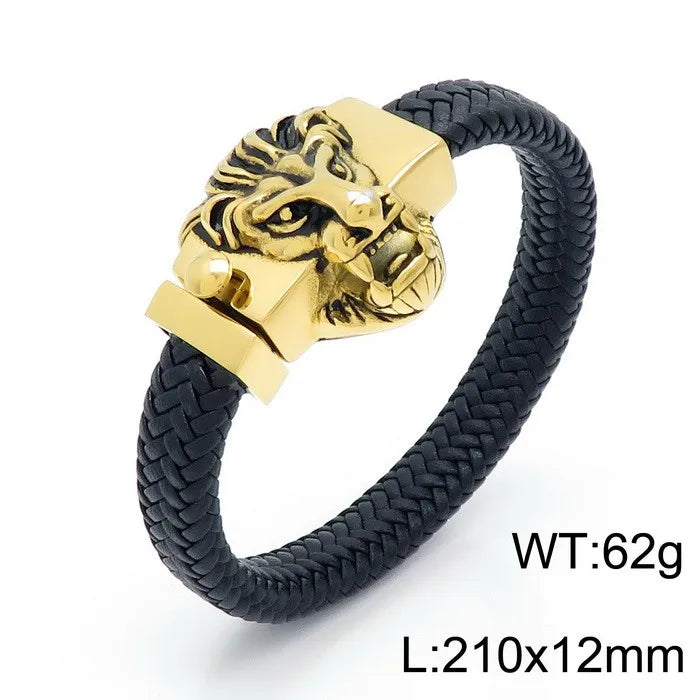 KALEN Men Punk Fashion Bracelets Fine Stainless Steel Leather Wolf Skull Bracelet Bangles
