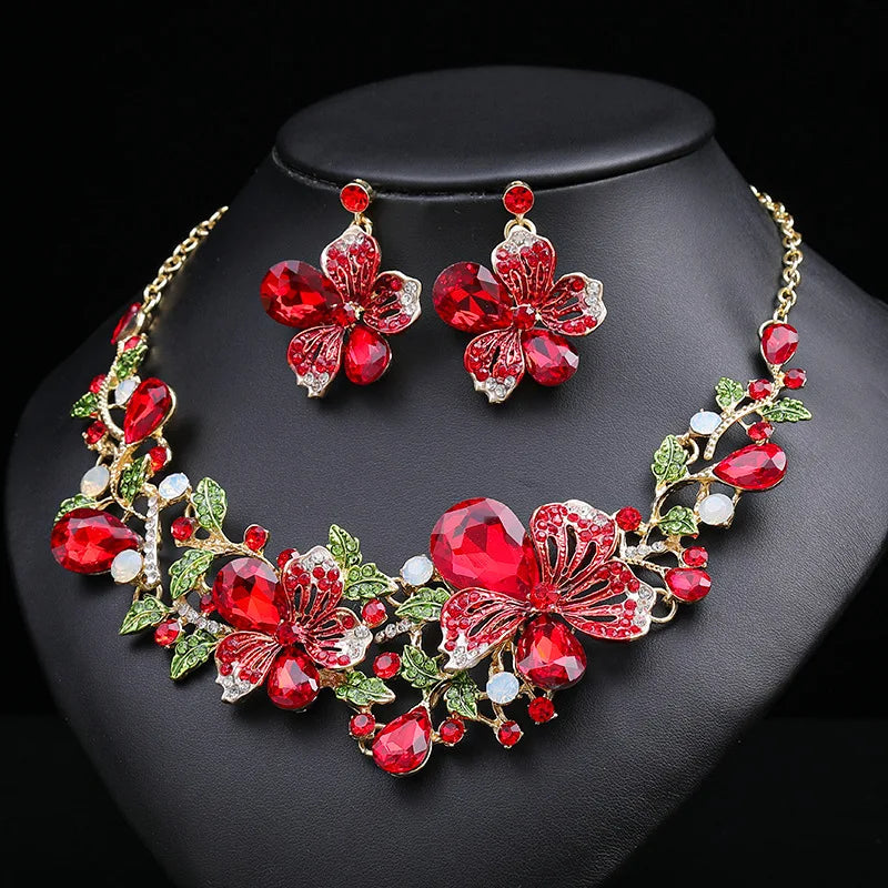 Zircon & Pearl Flower Necklace & Earrings Jewellery Set | Romantic Bridal Fashion Set