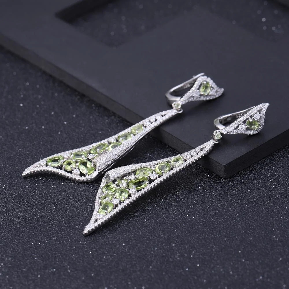 ArtistA Abiding Beautiful Luxury Cluster Set Natural Peridot Gemstone 925 Silver Long Drop Pendant Earrings Ring Jewelry Set for Bridal