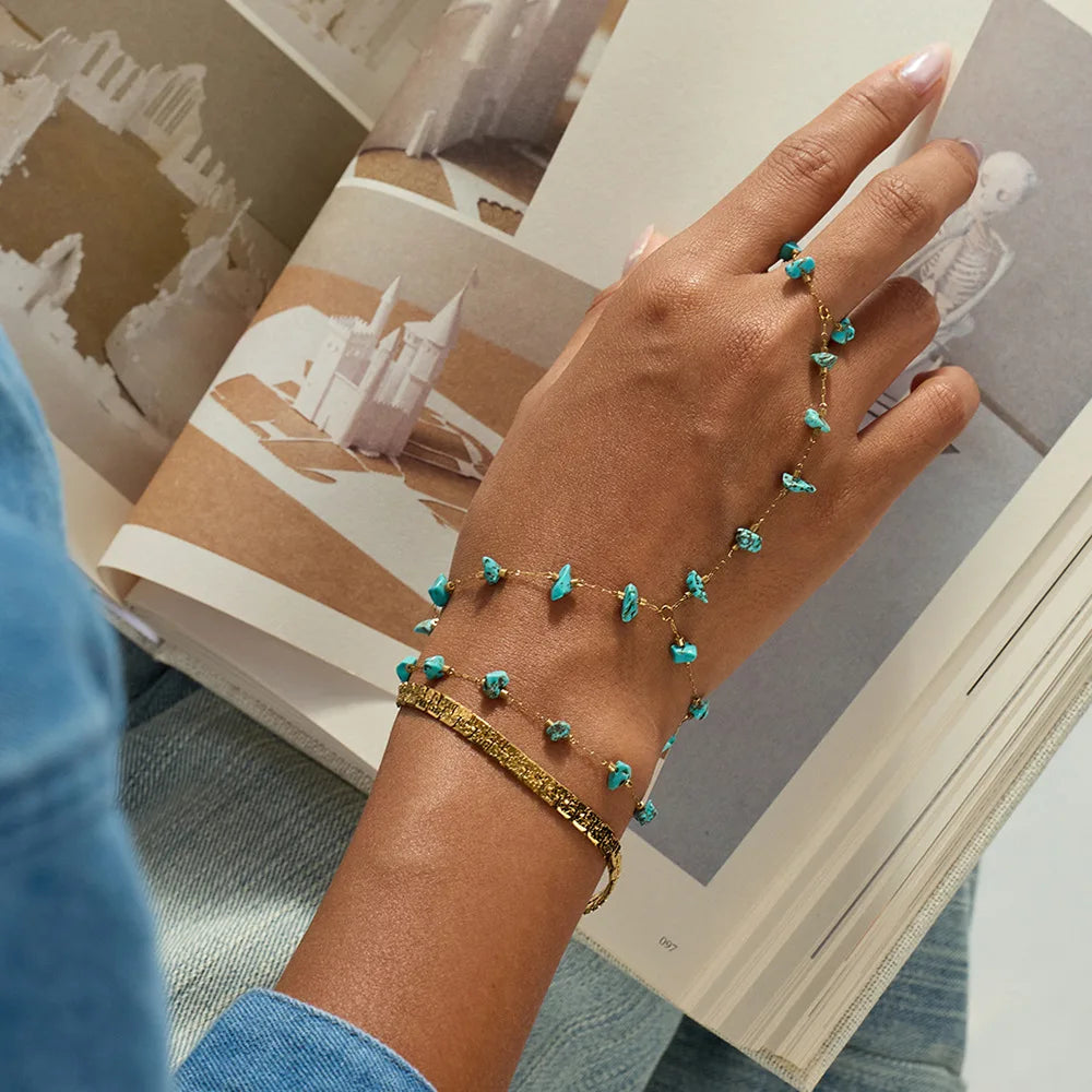 REBEL Jjguoyi Unisex 18K Gold Plated Stainless Steel Blue Turquoise Double-Layer Interlocking Bracelet Fashionable Bangles