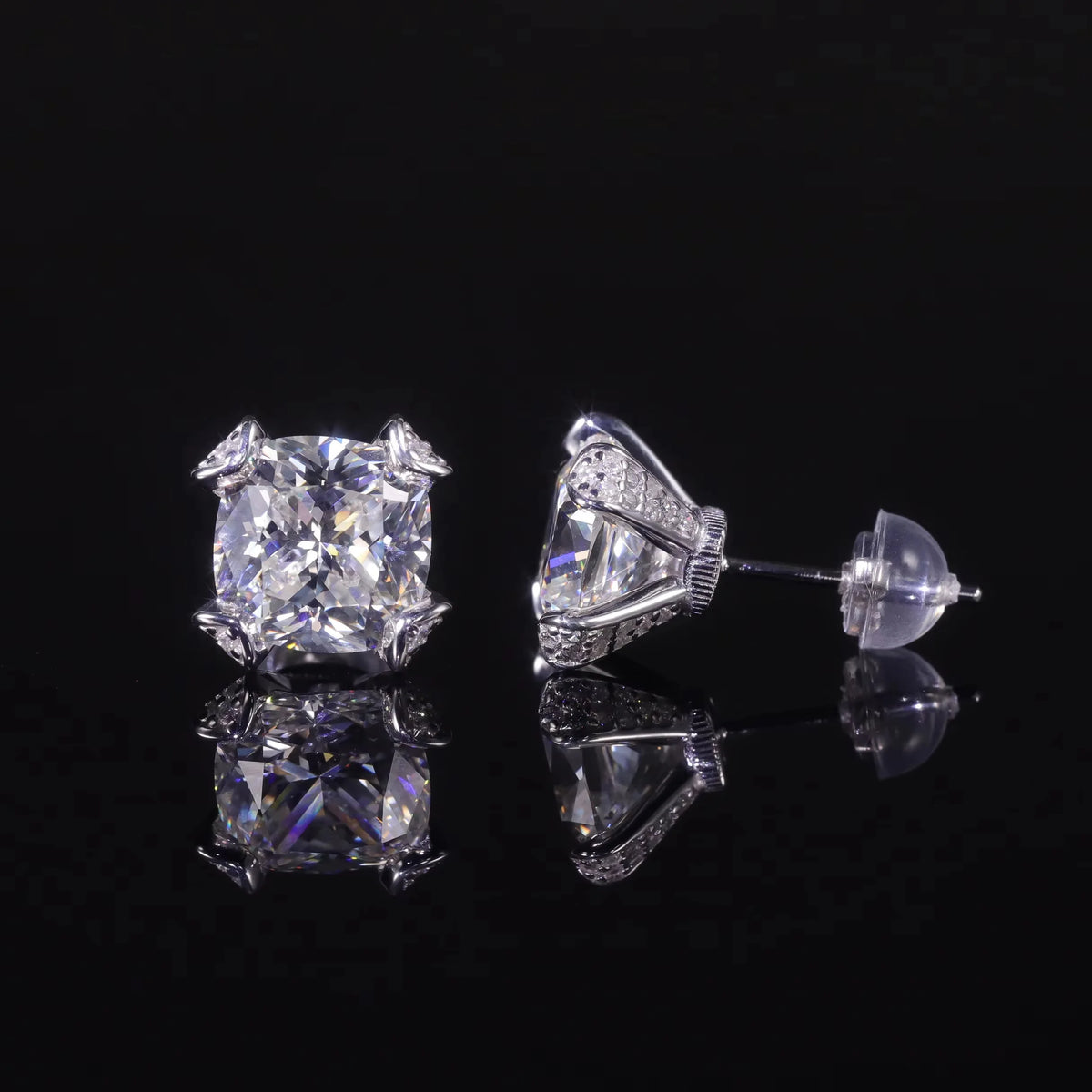 ArtistA AR219 Abiding Iced Out Pave Prong Cushion Cut Crushed Ice Cubic Zirconia Diamond 925 Sterling Silver Stud Earrings