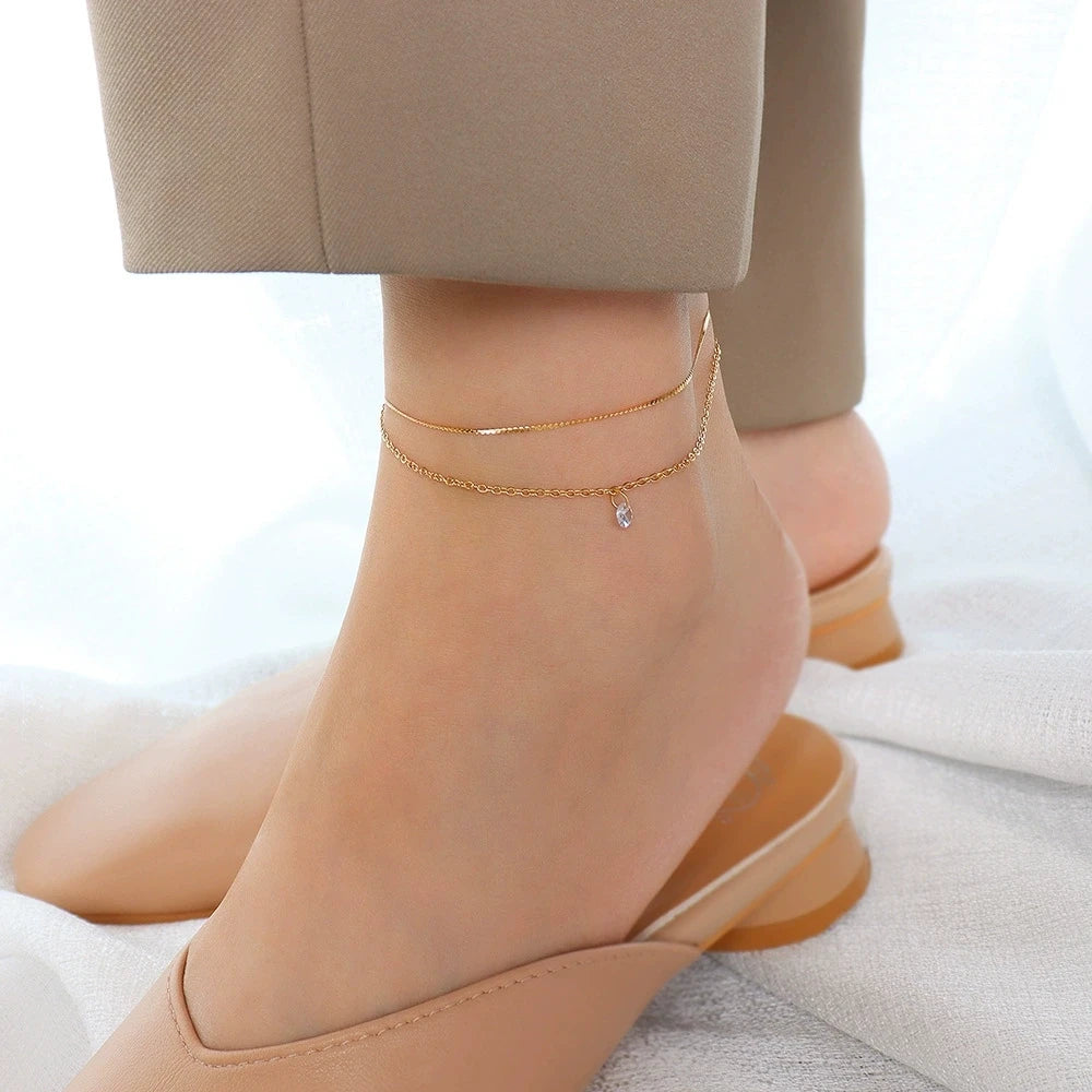 LT-S003 Light Luxury, Stylish Double-layer Minimalist Niche Anklet Inlaid with Zircon Stainless Steel and Plated with 18k Gold
