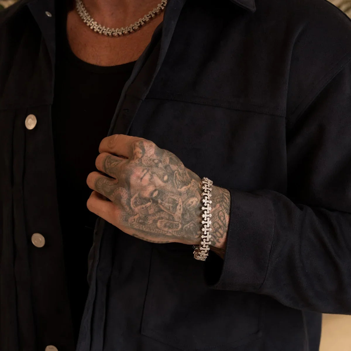 Iced Out Hip Hop Copper Full CZ Micro Paved Cross Chain Bracelet 11.5mm Cross Bracelet for Men Women Men Daily Wear
