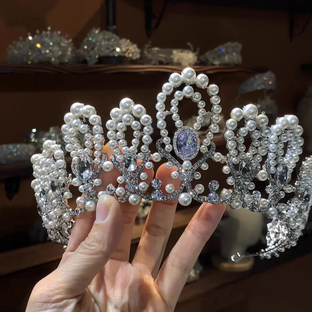 Japanese Korean Wedding Zircon Pearl Crown Princess Headdress Vintage Tiara Bridal Elegant Hair Accessory