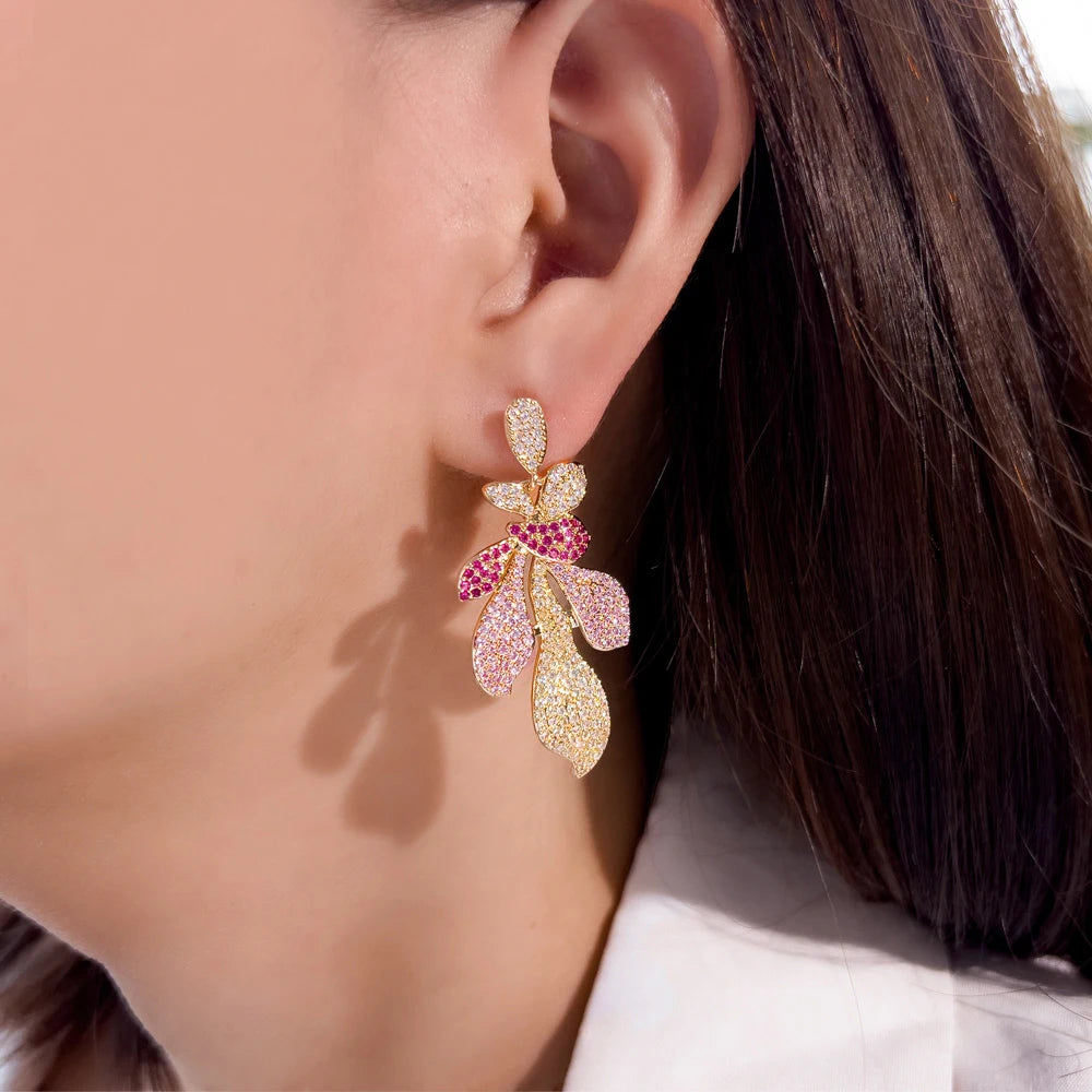 S&S Red CZ Leaf Petal Dangle Drop Earrings – 18K Gold Plated – Collection