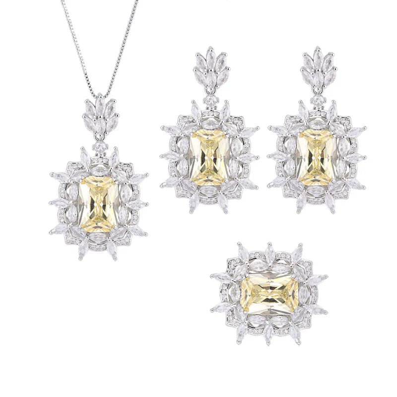 Gemfiori Fashionable Temperament Yellow Zircon Necklace Simple and Versatile Princess Candy Earrings Open Ring Set