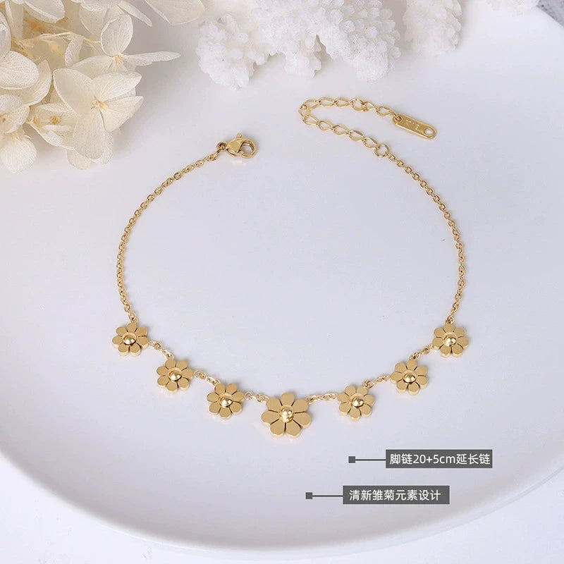 LT-S037 Japanese and Korean Style INS Daisy Petal Anklet Versatile Accessory Chain Plated 18K Real Gold