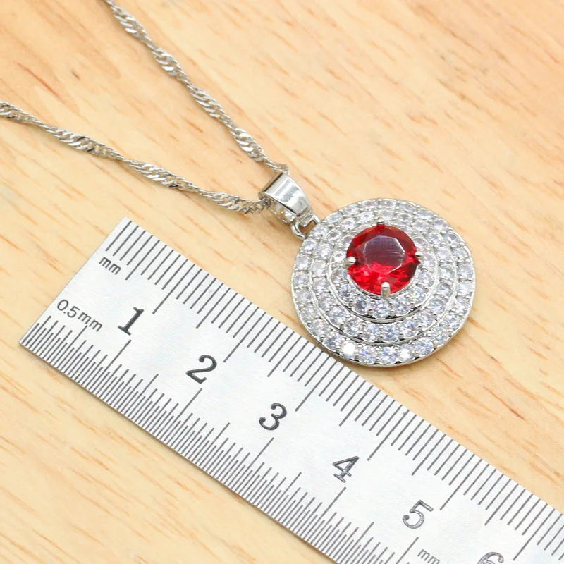 XOTICA Silver Color Bridal Jewelry Set with Red Zircon Includes Necklace Pendant Earrings Rings for Parties