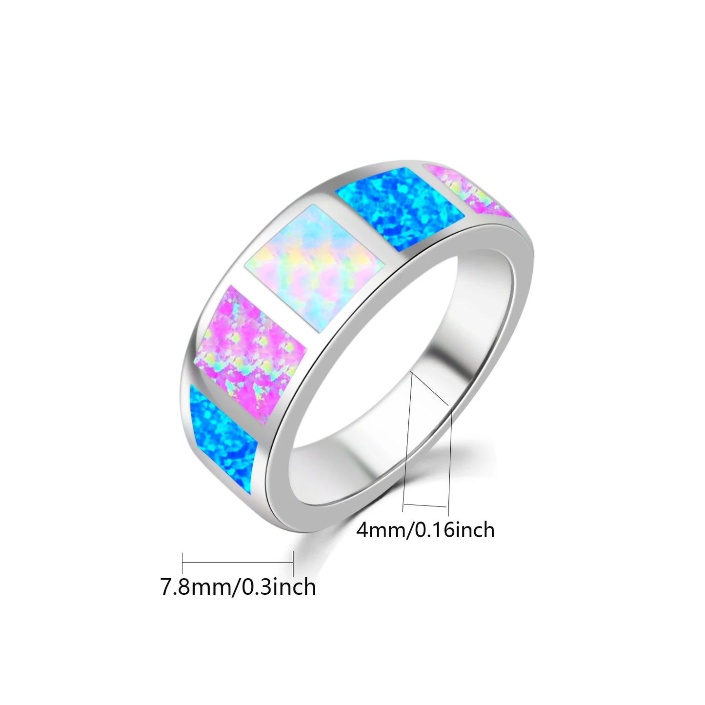 Iridescent Multi-Color Opal Striped Ring | Stainless Steel Shiny Band | Vibrant Rainbow Gem Inlay Fashion Jewelry for Men Women