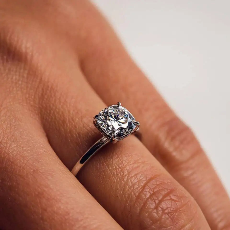 Natural Diamond 14k Solid Gold Solitaire Ring Cushion Cut Hidden Halo Prong Setting Cute Classic Engagement Wedding Party 1-3ct