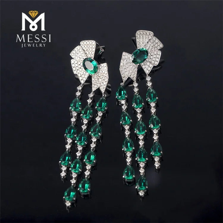 Gemfiori Messi Jewelry butterfly Knot Drop Earring With Tear Shape Emerald Tassel Earring Woman Luxury Wedding Emerald Jewelry