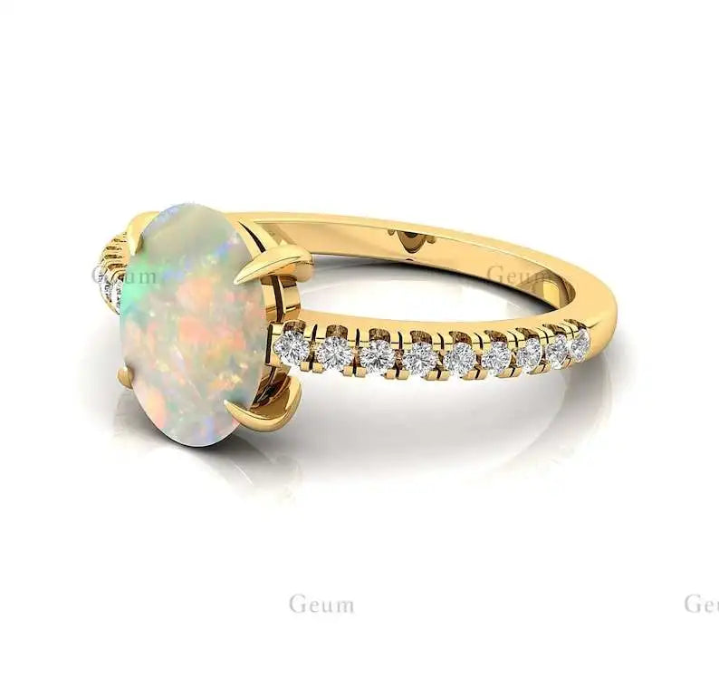 Unique Design Oval Shape Natural Ethiopian Opal Gemstone Ring Pure 14K Gold Rhodium Plated Adorned Genuine IGI Diamonds