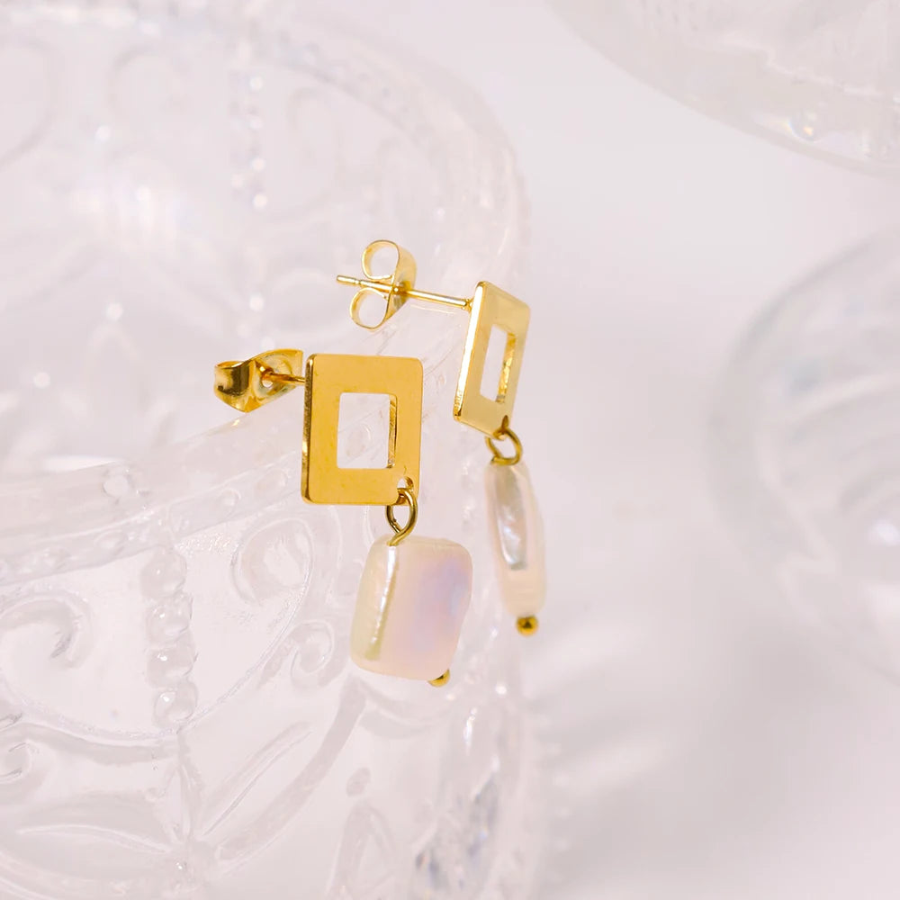 Smooth Hollow Diamond Shape Stainless Steel Drop Earrings for Women Natural Freshwater Pearls No Fade 18K Gold Plated Earring