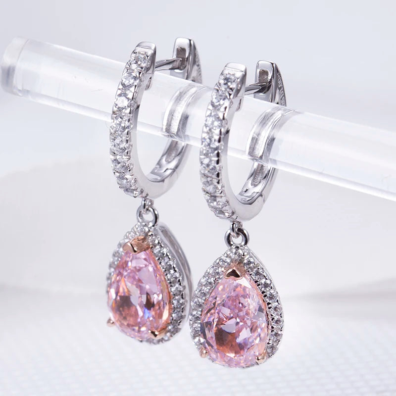 Messi Jewelry MSE-608 100% Real Silver 2Ct Pink High Carbon Cubic Zircon Fine Jewelry Earrings for Dating or Wedding