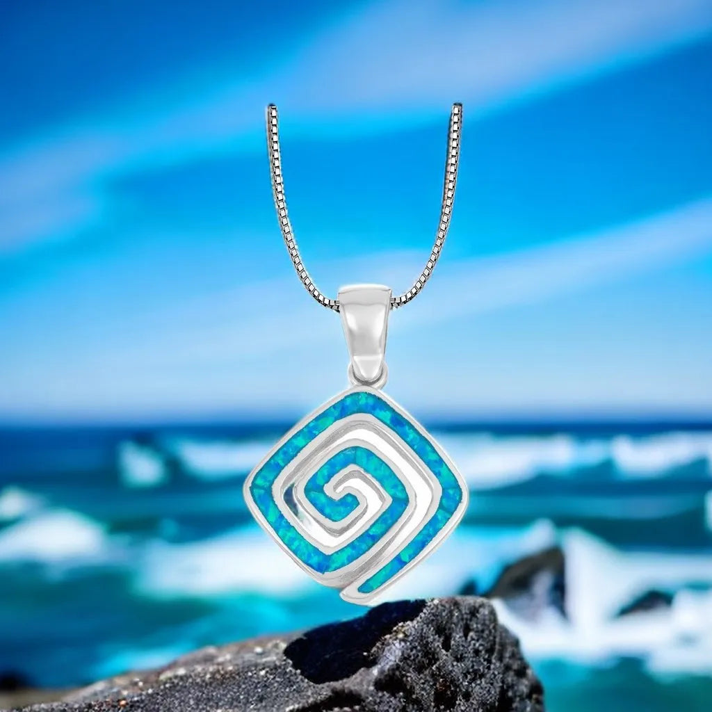 Square Spiral Pendant - Blue Opal Inlaid Silver Plated Artistic Jewelry for Women Wholesale