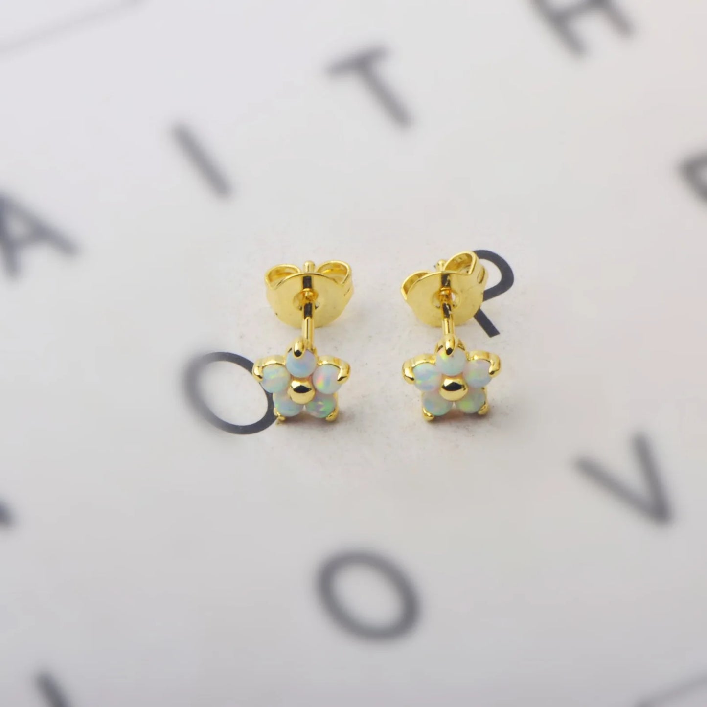 Flower Opal Stud Earrings - Blue Fire Opal Eye Detail Design | Playful Daily Jewelry Bulk Gifts
