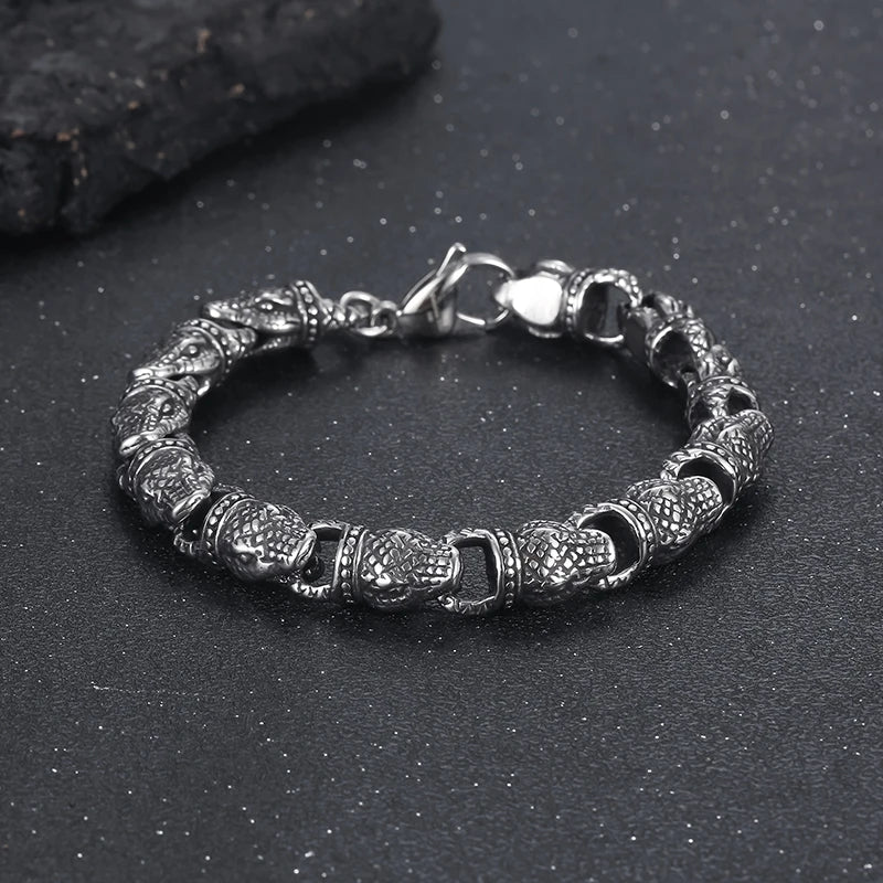 REBEL 220mm Men Punk Silver/Gold Stainless Steel Snake Head Links Bracelet