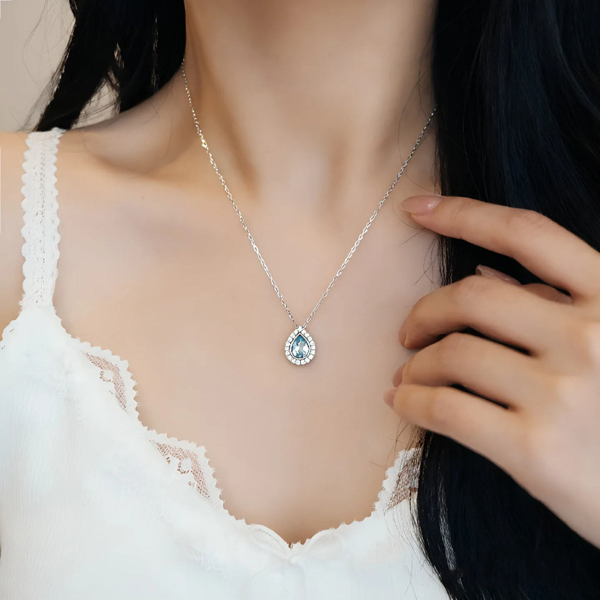 S925 Sterling Silver Blue Teardrop Pendant Necklace Women Niche Designer Piece Blue Topaz Cross Chain Trendy Elegant Perfect