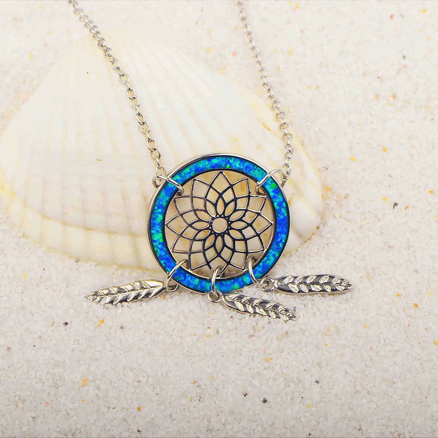 New Cute Blue Opal Bohemian Christian Dreamcatcher Necklace Minimalist Geometric Pendant Silver Plated Copper Box Chain Gift