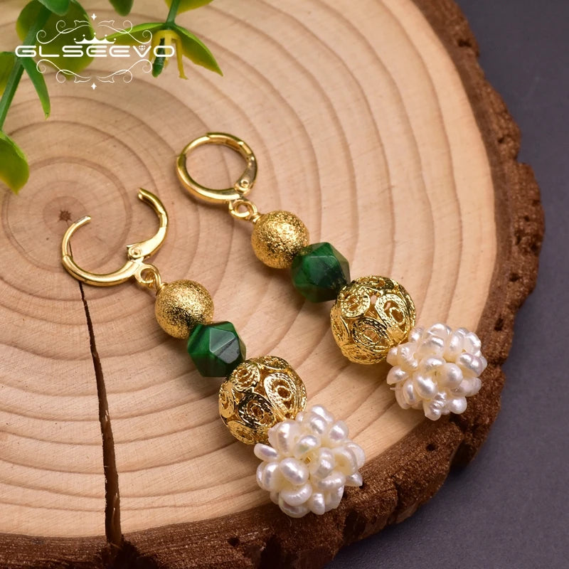 Original Design Natural Green Stone Fresh Water Pearl Dangle Earring for Women Mother Anniversary Ethnic Jewelry
