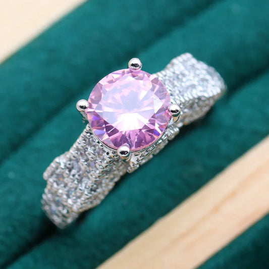 Classic Pink Zircon Silver Jewelry Ring Customizable Ladies Wedding Party Gift for Engagement