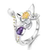 ArtistA Handmade 925 Silver Gold Plated Natural Amethyst Gemstone Matching Lotus-Flower Open Adjustable Ring & Long Dangle Earrings Set