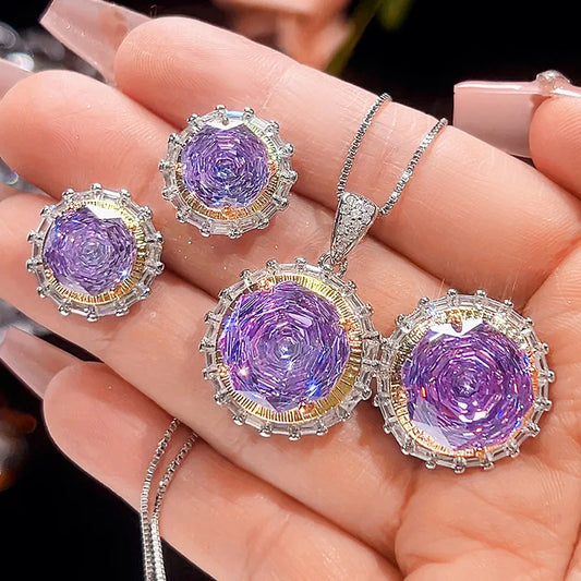 Gemfiori Luxury Round Violet Fashion Personality Atmosphere Pattern Flower Feminine Elegance Purple Zircon Jewelry Set