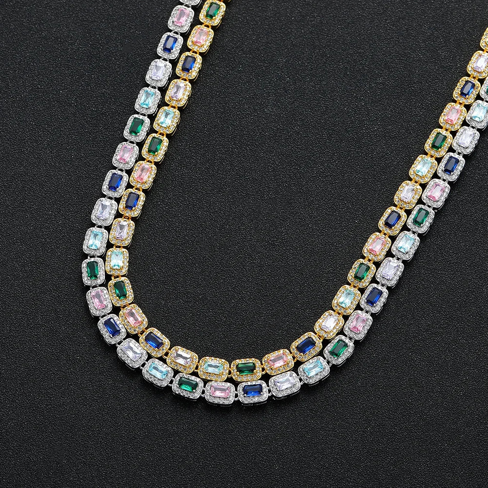 Hip-Hop Rap Big Gem Bracelet Fashion 5A Zircon Iced Out Real Gold Plated Necklace Chain Colorful Jewelry