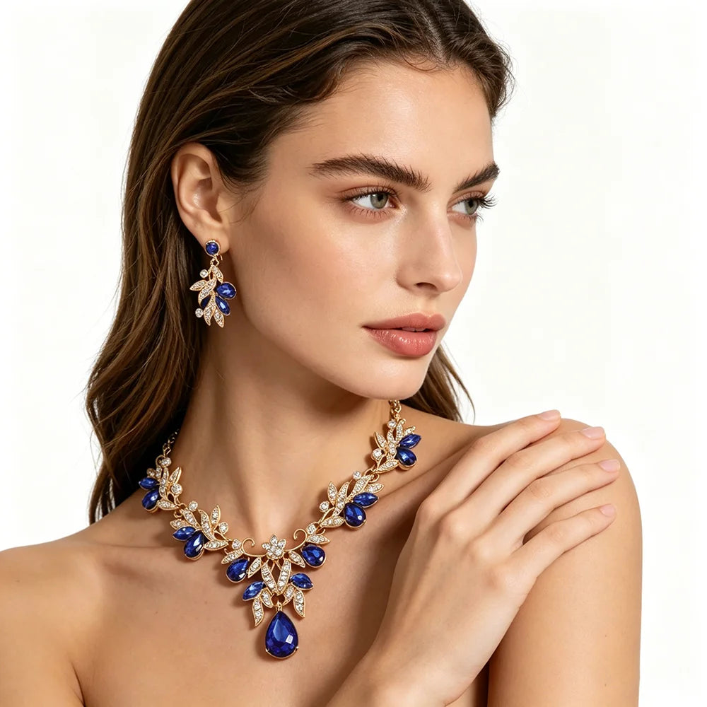 XM S391 Gold Plated Marquise Zircon Rhinestone Floral Necklace & Earrings Bridal Set