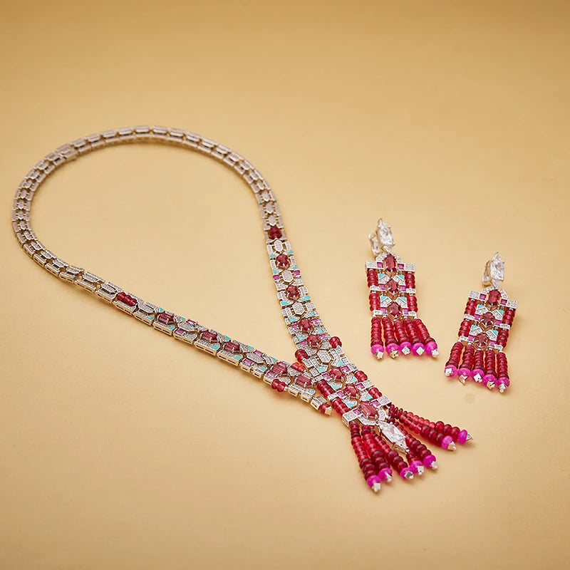 Online Purchase of Red Bead Tassel Necklace Earrings  High-end Inlaid Zircon Handmade Enamel Dubai Fashion Jewelry