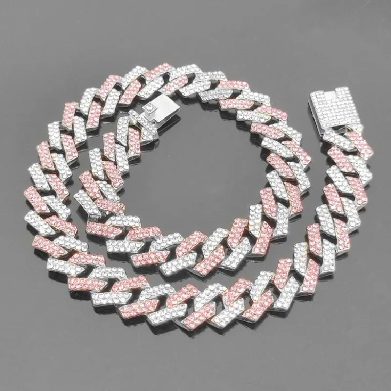 BiG-BOSS Men's Accessories Diamond Pink Full Diamond Hip Hop Cuban Chain Necklace