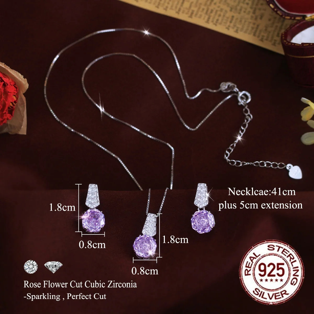 New Arrivals Sparkling High Carbon Rose CZ Flower Cut Cubic Zirconia Necklace and Earrings Purple Jewelry Set for Women