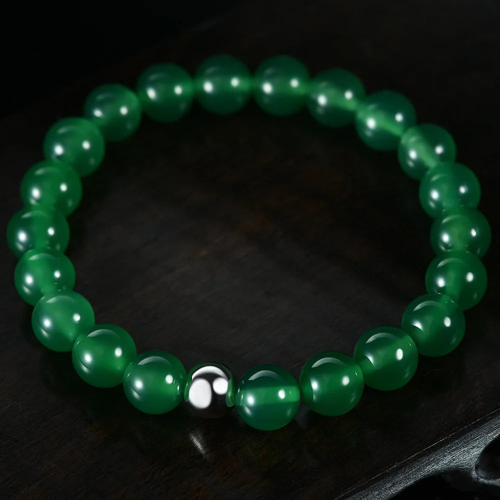MUSHAN Jewelry Factory 2026 New Model 925 Silver 8mm Bracelet Inlaid With Round Straight Hole Green Jade Beads