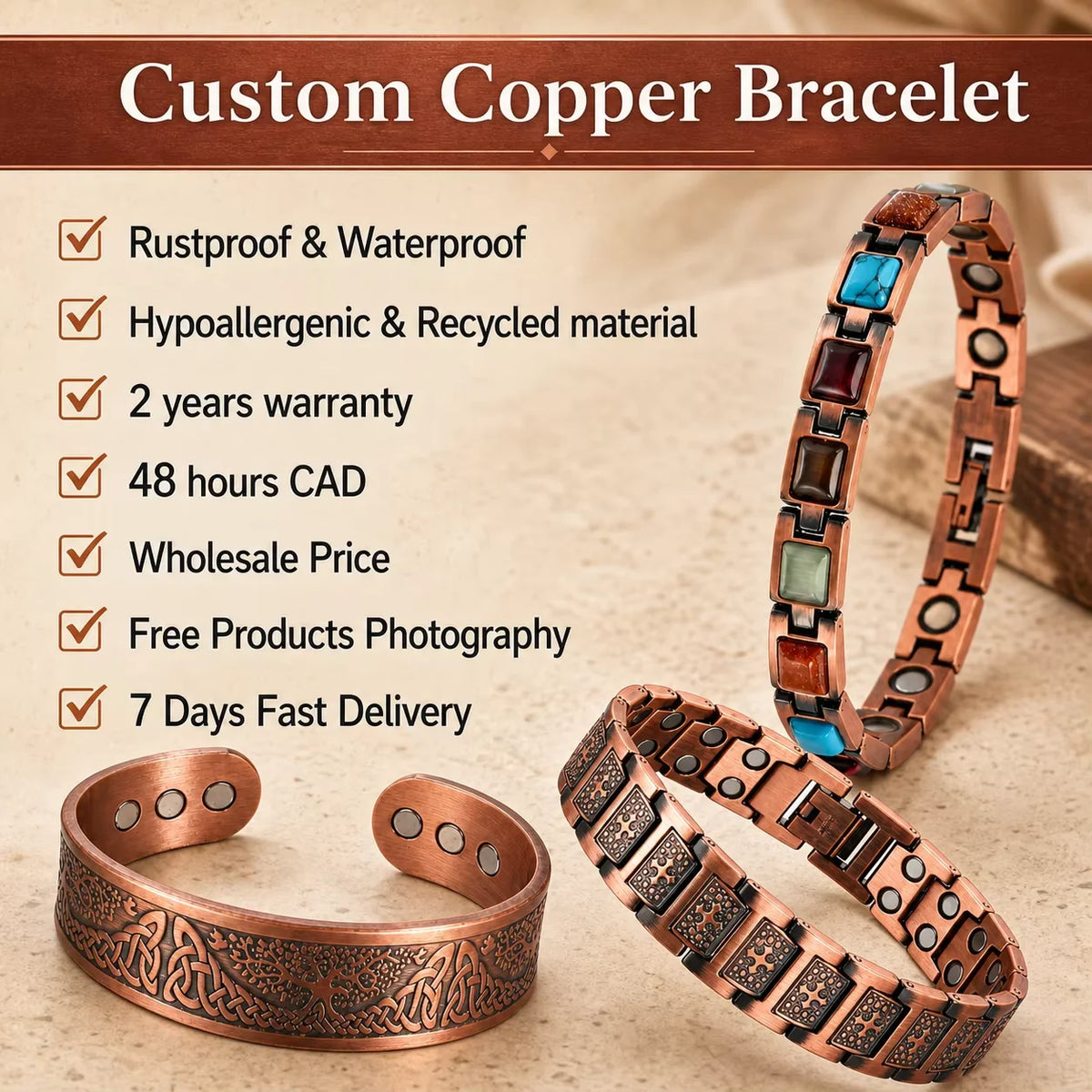 Magnet Jewelry Pure Copper Magnetic Therapy Jewelry Vintage Double Row Dragon Pattern Chain Link Bracelet with Clasp, Wholesale