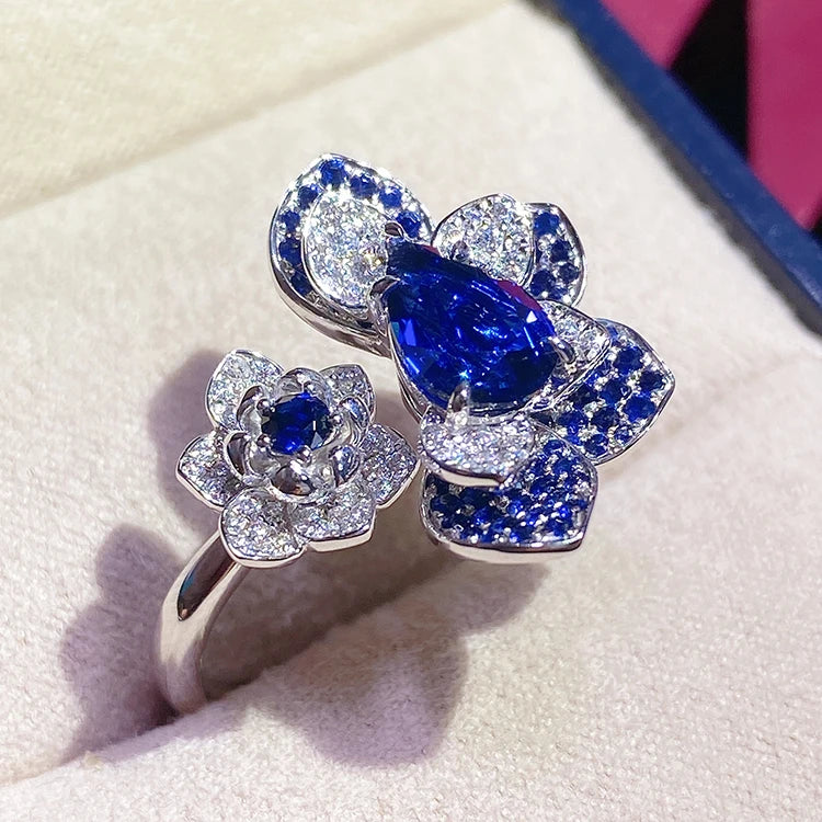 Gemfiori Female Luxurious Flower Ring Resizeable Blue Sapphire Diamond 14k 18k Rings in Solid Gold