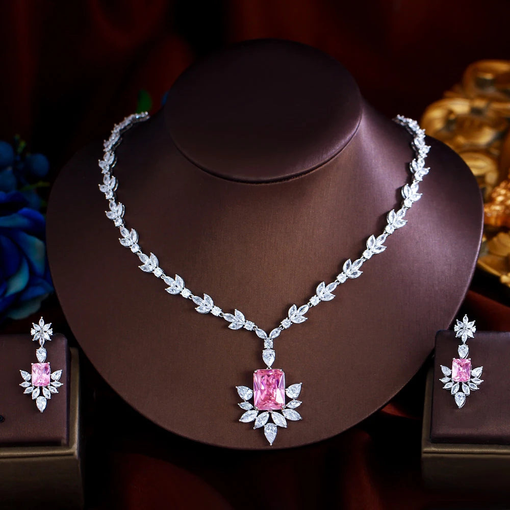 Beautifully Pink Shiny Cubic Zircon Wedding Necklace and Earring Bridal Jewelry Set for Women Bridesmaids Prom Accessories