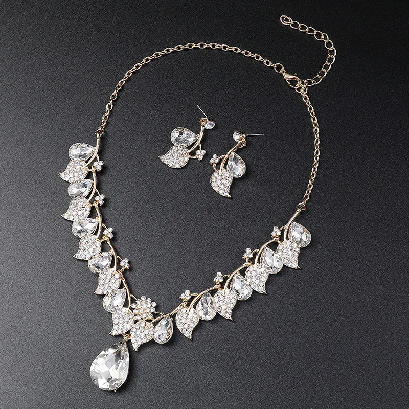 Leaf & Crystal Geometric Necklace & Earrings Jewellery Set | Retro Vintage Fashion Set