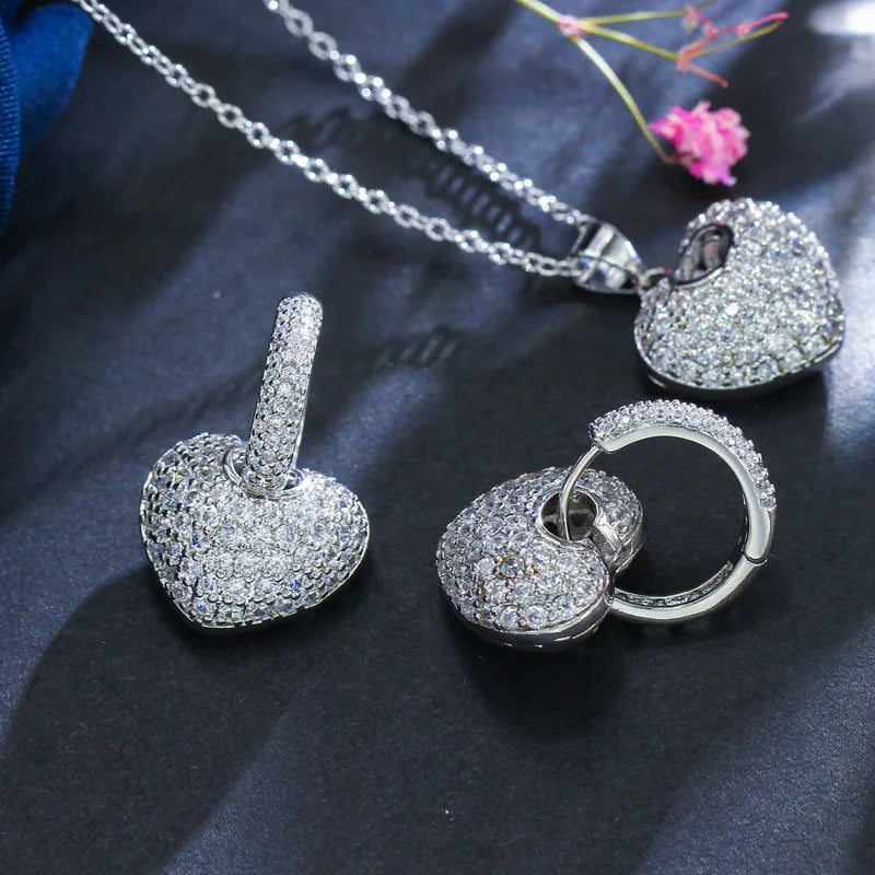 S&S Heart Shape CZ Pendant Necklace & Earrings Set – Rose Gold & Silver – Collection