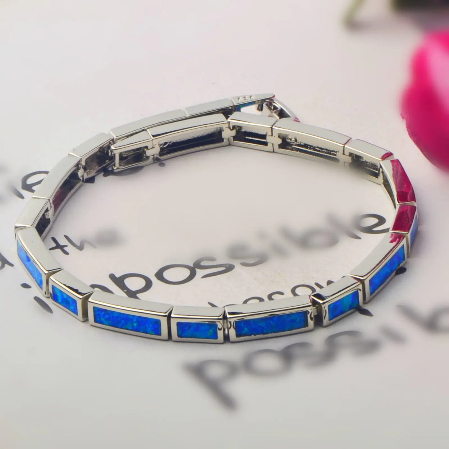 Fashion Trendy Silver Plated Brass Christian Opal Inlaid Minimalist Geometric Design Women's Anniversary Chain Link Bracelet