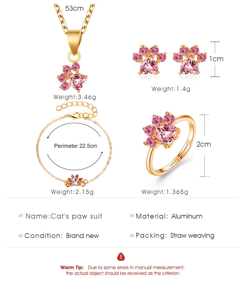 REDheart 4Pcs/Set Pink Crystal Bear Paw Cat Claw Wedding Jewelry Set Women Necklace Bracelet Ring Earrings