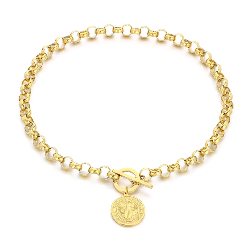 Kalen European and American Portrait Round Pendant Round Bead Chain OT Clasp Hiphop Necklace Stainless Steel Jewelry Set