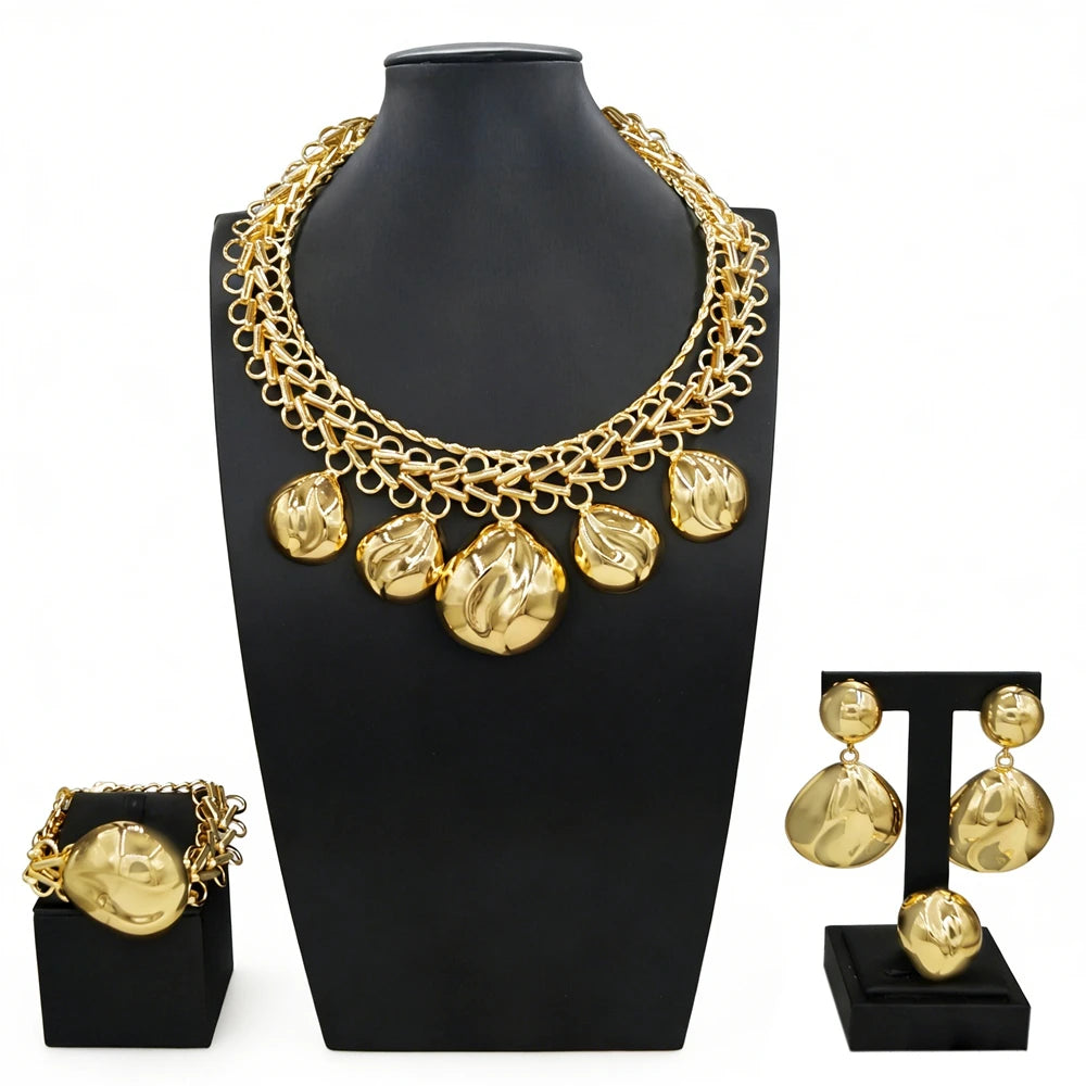 Luxury Brazilian Gold Jewelry Set Necklace Bracelet Earrings Ring Four-Piece Sets Leaves Water Droplets Wedding Jewellery Set