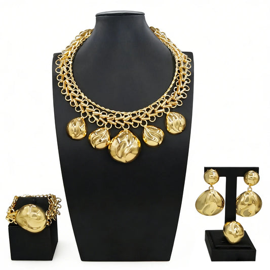 Luxury Brazilian Gold Jewelry Set Necklace Bracelet Earrings Ring Four-Piece Sets Leaves Water Droplets Wedding Jewellery Set